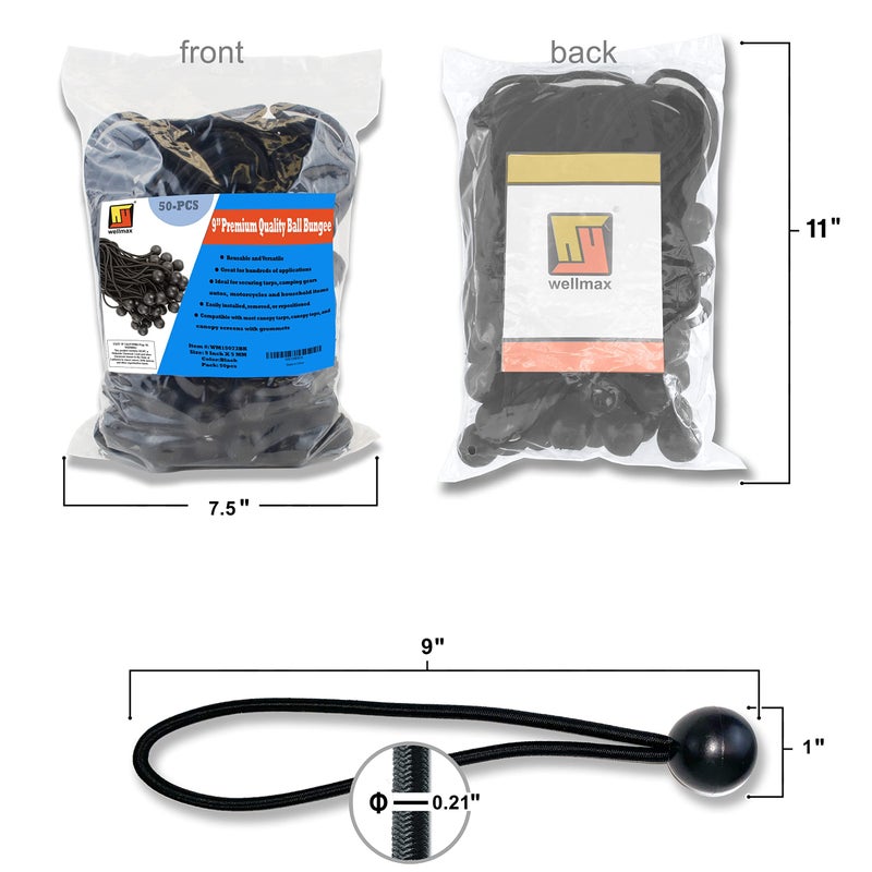 Wellmax 9 inch 50 Piece Heavy Duty 5mm Ball Bungee Canopy Cord by Wellmax, Black Color - Image 2